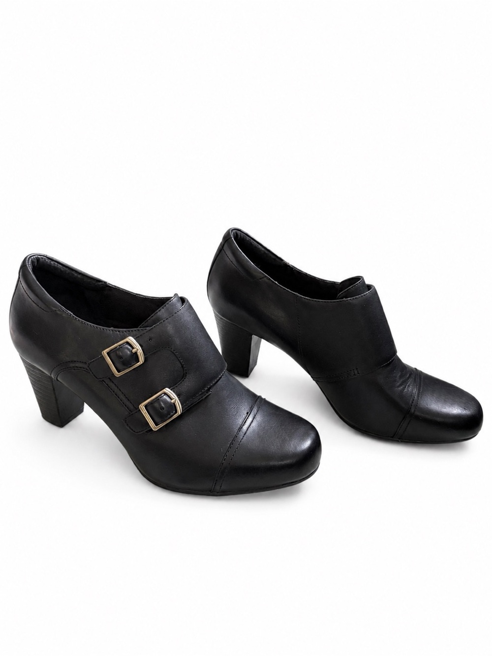 Clarks Bendables Black Leather Double Monk Strap Block Heel Booties - Size 9 - Picture 4 of 15